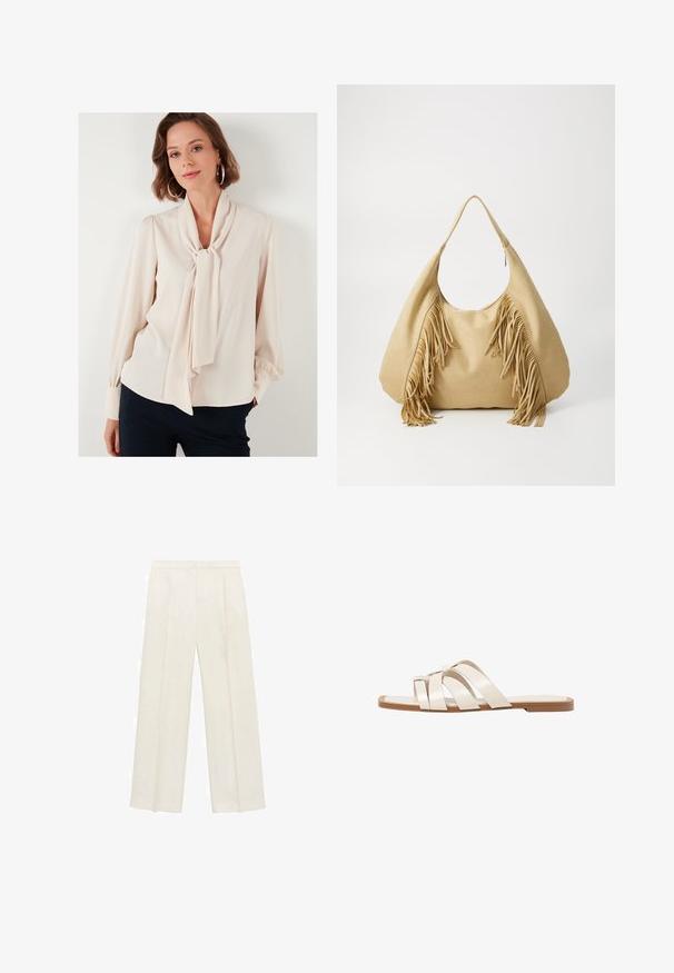 LELA REGULAR FIT - Blúzka so zapínaním na gombíky - stone; Široké nohavice vo svetlej krémovej farbe. Vyrobené z hladkej látky s skladmi vpredu a bočnými vreckami.; Ploché sandále s hnedou gumovou podrážkou, navrhnuté s tromi prekrývajúcimi sa bielymi koženými popruhmi a malou mašličkou uprostred.; Svetlohnedá semišová kabelka cez rameno s veľkým otvorom a dlhými frnčami po oboch stranách, s hladkým textura a jedným uchom.