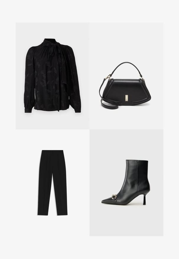 Blusa nera con colletto alto e dettaglio a fiocco. Presenta un delicato motivo floreale e maniche lunghe a sbuffo con polsini arricciati. Tessuto liscio.; Pantaloni neri a taglio dritto, con doppie pieghe, una texture liscia e un design classico in vita. Nessun hardware o dettaglio visibile.; Stivale alla caviglia in pelle nera con punta affusolata, tacco sottile di media altezza e dettaglio in fibbia argentata sul lato, su sfondo semplice.; Borsa a mano in pelle nera con un design strutturato, caratterizzata da una forma corta, manico superiore e accessori in metallo dorato. Inclusa tracolla regolabile.
