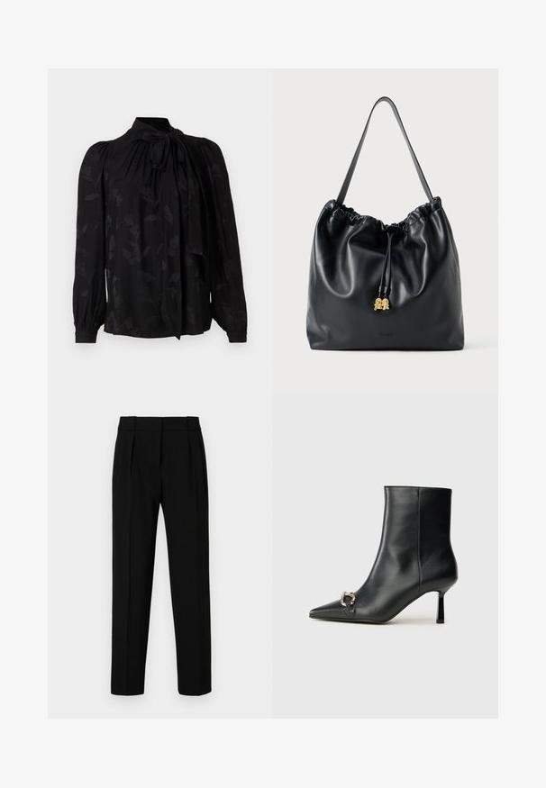 Mustmust, millel on kõrge krae ja nööridetail. Omab peent lillemustrit ning puhvkaitega pikki varrukaid koos kokku tõmmatud mansettidega. Sile tekstuur.; Mustad sobranikud, sirge lõikega, volditud esiosa, läikiv kangas ja keskmise suurusega vöökoht. Ei ole nähtavaid taskuid ega metalldetailide. ; Must mustanvärvi nahast pahklinetopp, millel on terav nina, peen keskmise kõrgusega konts ja hõbedane keha detail külgedel, taustal lihtne taust.; Mustmust nahkakanas, millel on sile tekstuur, kokku tõmmatud ülemine osa ja tagasihoidlik kuldne riistvara. Sisaldab ühte tugevat rihma ja reljeefset logo.