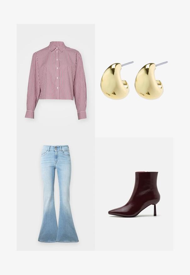 GAP Bluza z gumbi - red/pink; Svetlo modri razširjeni kavbojki iz denima. Imajo visok pas z dvema gumboma in rahlim zbledeljem proti robu. Klasična zasnova s petimi žepi.; Burgundska patentna kožna gležnjarja s koničastim nosom in ozko špicasto peto, s gladko, sijočo teksturo in minimalističnim dizajnom.; Zlate uhane z gladko, zaobljeno obliko, ki imajo odsevnico in zatič, kar zagotavlja varno nošenje.