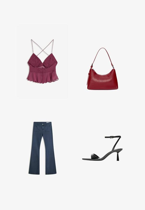 Burgundijska s tangama, s lepršavim rubom, s laganim, prozirnim premazom i detaljem za vezanje sprijeda za prilagodljivu veličinu.; Tamno plavi traperice s izrezanim nogavicama, šivanim džepovima, kopčanjem na dugme i glatkom teksturom. Imaju klasičan dizajn s pet džepova.; Bershka Sandale s visokom petom - black; Crvena kožna torba preko ramena s zakrivljenim dizajnom, glatkom teksturom i zatvaranjem na patentni zatvarač. Ima tanku dršku za nošenje.