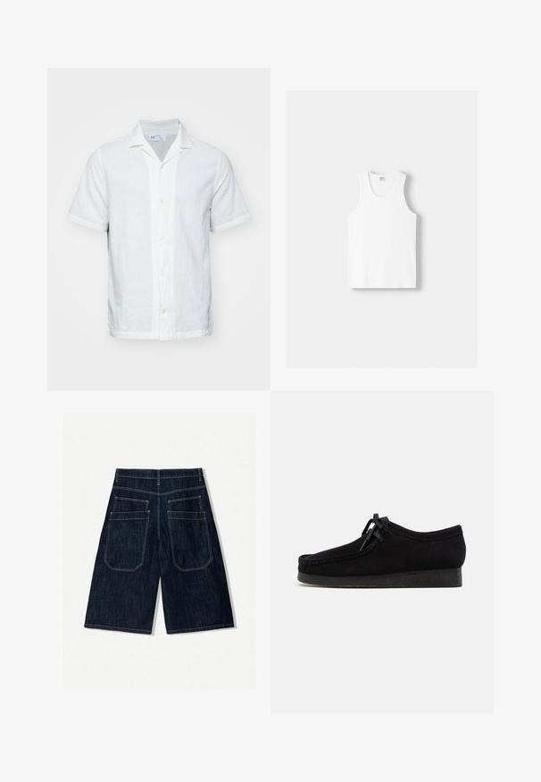 Kurzärmliges Leinenhemd in hellem Weiß mit Kragen, Knopfleiste und subtiler Textur. Verfügt über einen geraden Saum und aufgerollte Ärmel.; Weißes Baumwoll-Trägershirt mit Rundhalsausschnitt, breiten Trägern und geradem Saum, das eine glatte Textur aufweist und keine sichtbaren Muster hat.; Dunkelblaue Jeansshorts mit lockerer Passform, ausgestattet mit zwei Gesäßtaschen, Kontrastnähten und geradem Bein DESIGN.; Schwarze Wildlederschuhe mit rundem Zehendesign, einer Schnürfront und einer strukturierten schwarzen Gummisohle. Glattes Obermaterial mit dezenten Nahtdetails.