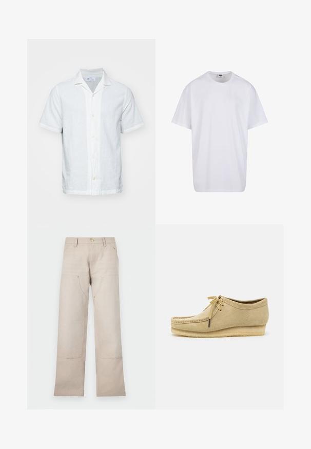 Lys hvit skjorte i lin med kort erme, krage, knapper foran og subtil tekstur. Har rette fald og opptrukne ermer.; Hvit bomull t-skjorte med korte ermer, rund utringning, avslappet passform, og ingen synlige logoer eller mønstre. Glatt tekstur og minimalistisk design.; Beige bomullsbukser med rett ben-design, med to frontlommer og to glidelåsdetaljer. Gullsmykker fremhever.; Beige semsket sko med snøring, sydd detaljer og gummisåle. Formen er uformell med en liten kilehæl.