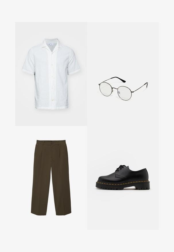 Kurzärmliges Leinenhemd in hellem Weiß mit Kragen, Knopfleiste und subtiler Textur. Verfügt über einen geraden Saum und aufgerollte Ärmel.; Braune, locker sitzende Hose aus weichem Material mit flachem Frontschnitt, Seitentaschen und einem Knopfverschluss an der Taille. Schlichtes Design ohne Muster.; Schwarze Leder Schnürschuhe mit runder Spitze, strukturiertem Gummisohle und gelben Nähten um den Rand. Flaches Design und glatte Oberfläche.; Runde Metallbrille mit dünnen schwarzen Rahmen, klaren Gläsern und Kunststoffenden an den Bügeln. Minimalistisches Design mit dezenten Hardware-Details.