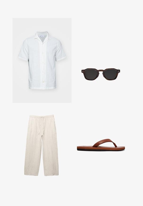 Kurzärmliges Leinenhemd in hellem Weiß mit Kragen, Knopfleiste und subtiler Textur. Verfügt über einen geraden Saum und aufgerollte Ärmel.; Leinenhosen in hellbeige, mit einem elastischen Bund und Zugkordel, weitem Beinansatz und seitlichen Taschen. Glatte Textur.; Braune Lederflip-Flops mit einem strukturierten Riemen, einer gepolsterten Innensohle und einer schwarzen Gummisohle. Seitenansicht, die das schlanke Design hervorhebt.; Massimo Dutti GEOMETRIC - Sonnenbrille - dark brown