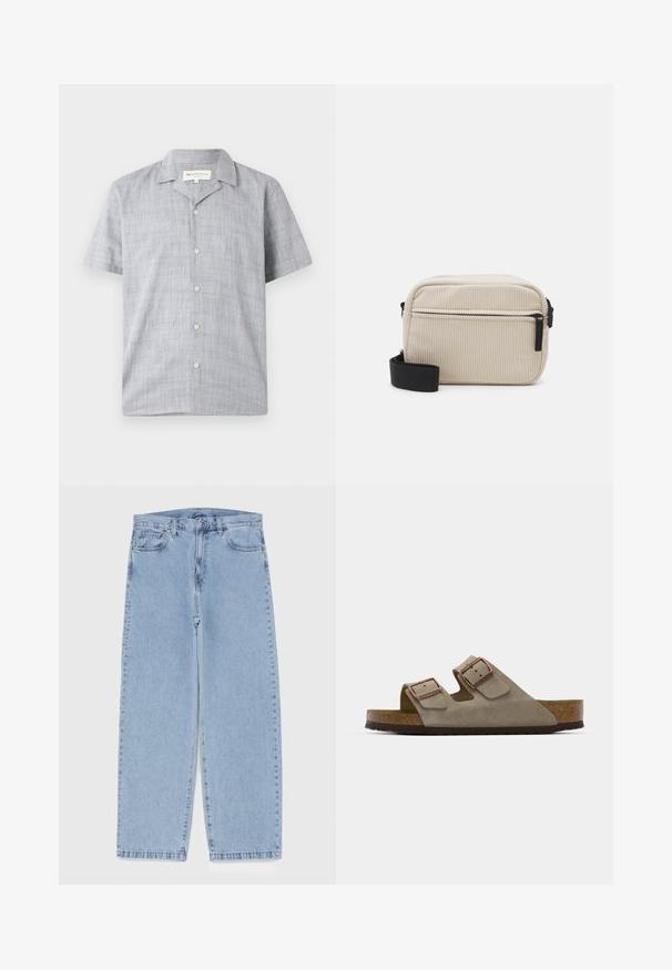 Kortærmet skjorte i lysegrå, lavet af tekstureret stof. Har en krave, seks knapper og en afslappet pasform.; Hvid ærmeløs top lavet af glat stof, med en rund halsudskæring og en tætsiddende silhuet, velegnet til lag-på-lag eller som selvstændig beklædning.; Lyseblå denimjeans med straight leg-design, der har en mid-rise talje, fem lommer og en lukning med knap og lynlås.; Suedesandal i lys grå med to justerbare spænder, en kork mellemsål og en tekstureret gummiydersål.; Cremefarvet kordfløjl crossbody taske med en sort lynlås, aftagelig skulderrem og struktureret mønster. Har et hovedrum og en frontlomme.; Multilags halskæde med metalliske sølvkæder og perler i hvide og brune nuancer, der viser varierede teksturer og former.