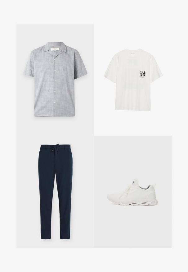 Short-sleeve shirt in light gray, made of textured fabric. Features a collared neck, six buttons, and a relaxed fit.; White cotton T-shirt with short sleeves. Features a black graphic print on the left chest area with text and designs, including stars.; Navy blue trousers made of smooth fabric with a drawstring waist, featuring vertical pinstripe pattern and tapered leg design.; White athletic shoes featuring a textured knit upper, flat laces, and a cushioned sole with visible air chambers for added support.