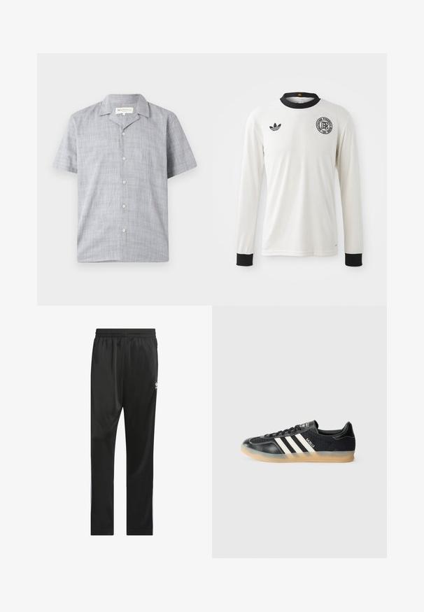 Lühikeste varrukatega heledashall särk, mis on valmistatud tekstuurilisest kangast. Omab kraega kaela, kuut nööpi ja lahedat lõiget.; Valge pika varrukaga jalgpallipusa ribakujulise tekstuuriga, musta krae ja mansettidega, musta Adidas logo ja ümmarguse graafilise embleemiga.; Mustad mustriga mustreid sisaldavad mustad sportpüksid, mis on valmistatud siledast ja kerge materjalist. Need sisaldavad elastset vöökohta ja valgeid küljeribasid ning reie peal on logo.; Musthave mustelnahktel ketsid valgete triipudega, tekstureeritud kangast, sileda nahast varbaga ja kummist tallaga. Omab logo keeles.
