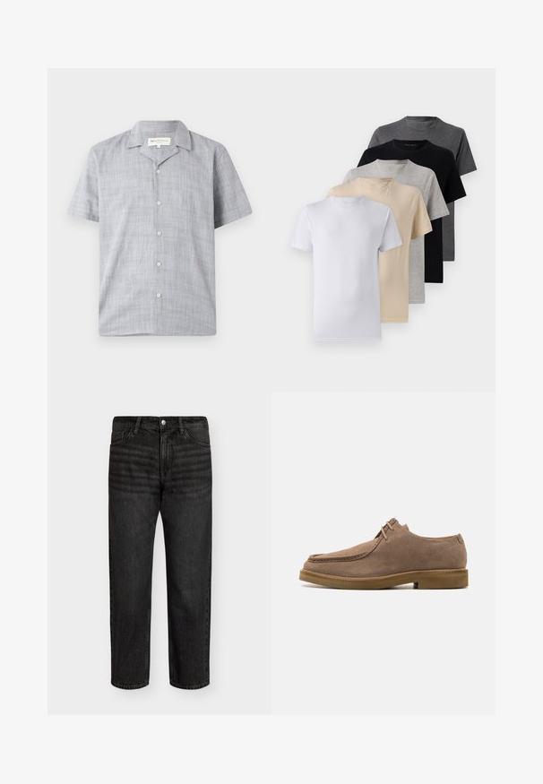 Lühikeste varrukatega heledashall särk, mis on valmistatud tekstuurilisest kangast. Omab kraega kaela, kuut nööpi ja lahedat lõiget.; Viie lühikese varrukaga T-särgi komplekt, mis sisaldab valget, beeži, heletüüki, tumehallit ja musta. Valmistatud siledast puuvillast, ümmarguse kaela disainiga.; Mustad denim teksad sirge lõikega, mõõdukalt kõrge vöökohaga, viie tasku ja metallist nupuga kinnitusega. Pehme tekstuur ja kerge kulumise efekt.; Zign LEATHER - Igapäevased paeltega jalatsid - taupe