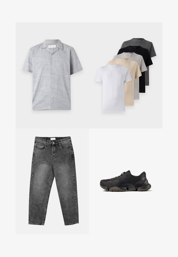 Camicia a maniche corte di colore grigio chiaro, realizzata in tessuto testurizzato. Presenta un colletto, sei bottoni e una vestibilità comoda.; Set di cinque t-shirt a manica corta in bianco, beige, grigio chiaro, grigio scuro e nero. Realizzate in cotone morbido, con design a girocollo.; Jeans neri con lavaggio, a gamba dritta, con tasche frontali e posteriori, passanti per cintura e chiusura a bottone in vita.; Sneaker atletico nero con suola testurizzata, tomaia in pelle e scamosciato, collo imbottito e chiusura con lacci, mostrato in profilo laterale.