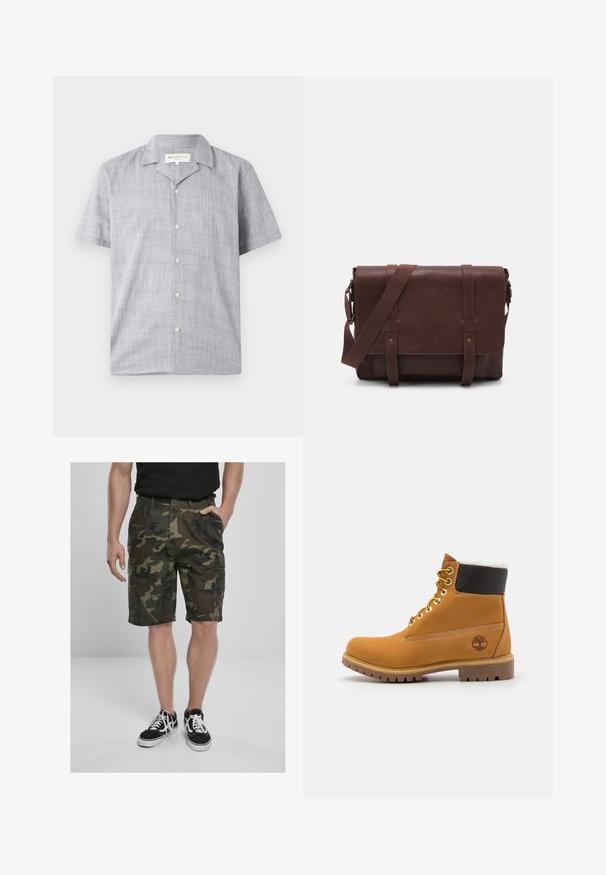 Lühikeste varrukatega heledashall särk, mis on valmistatud tekstuurilisest kangast. Omab kraega kaela, kuut nööpi ja lahedat lõiget.; Kamuflaažilised cargo-lühikesed püksid kahekordsete taskutega, valmistatud rohelise ja pruunika kudumiga. Kombineeritud mustade spordijalatsitega, millel on valged paelad.; Pruun nahast pahkluu saabas metallist silmadega, valge karvane vooder, must pehmendatud krae, robustne tallal ja küljes reljeefne logo.; Pruunist nahast sõnumiekot, millel on lame eesmine klapp, kaks rihma, kullatud detailid ja reguleeritav õlarihm.