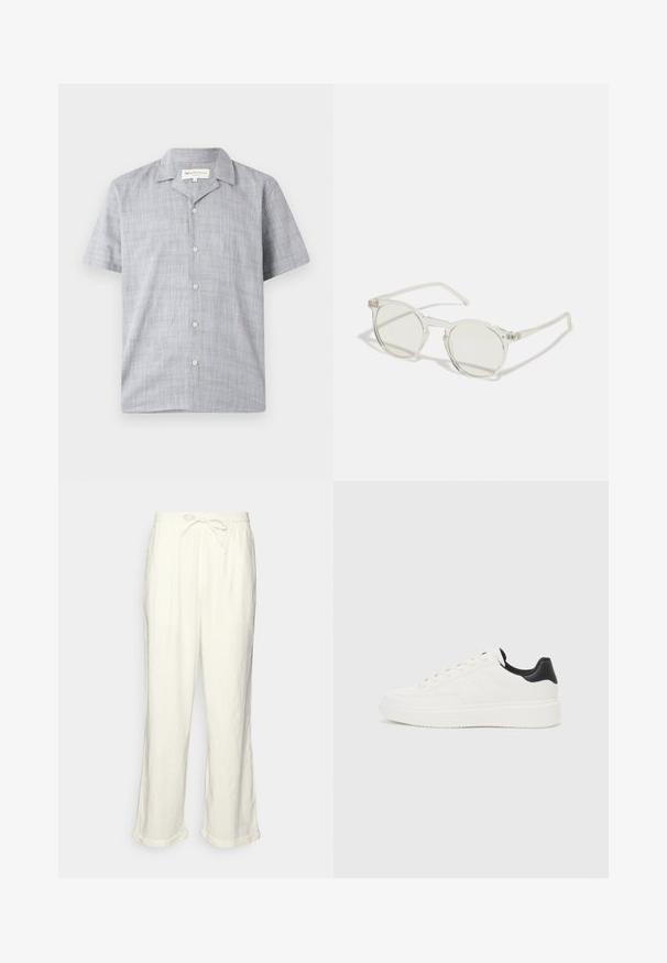 Camisa de manga curta em cinza claro, feita de tecido texturizado. Apresenta um colarinho, seis botões e um corte descontraído.; Calças de linho em off-white com um cós elástico, pernas ligeiramente largas e acabamentos dobrados para um ajuste descontraído. Sem bolsos.; Sapatilhas brancas de couro com padrão em relevo, entressola texturizada branca e detalhe em preto no calcanhar. Apresentam ponta arredondada e atacadores planos.; Óculos de sol redondos com uma armação transparente, lentes verde-claro e hastes finas e transparentes. Apresenta subtis detalhes em metal na armação.