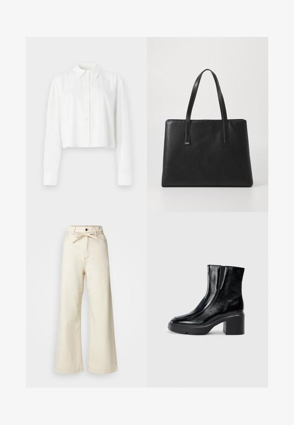 Maglietta bianca a maniche lunghe tagliata, realizzata in tessuto liscio, con colletto classico e chiusura a bottoni. Design semplice senza motivi.; Pantaloni larghi di jeans color crema, con vita alta, dettaglio fiocco sulla parte anteriore e cuciture a contrasto.; Stivali alla caviglia in pelle verniciata nera con punta curva, pannelli laterali elasticizzati e tacco robusto. Presentano un logo impresso sul retro.; Borsa a spalla nera in pelle con due manici lunghi, forma rettangolare, superficie testurizzata e design minimalista. Nessun hardware o accenti visibili.