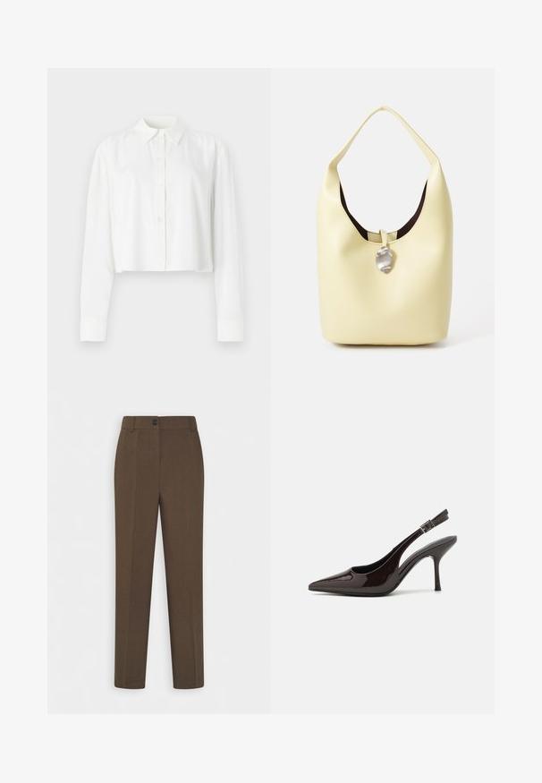 Cropped white long-sleeve shirt made of smooth fabric, featuring a classic collar and button-up front. Simple design with no patterns.; Straight-leg brown trousers with belt loops and a single front button closure, displayed on a white background.; Slingback high-heeled shoe in glossy dark brown patent leather, pointed toe, open sides, and adjustable ankle strap.; Hobo bag in soft yellow leather with a rounded shape. Features a smooth finish, dark inner lining, and a silver-toned accent at the closure.