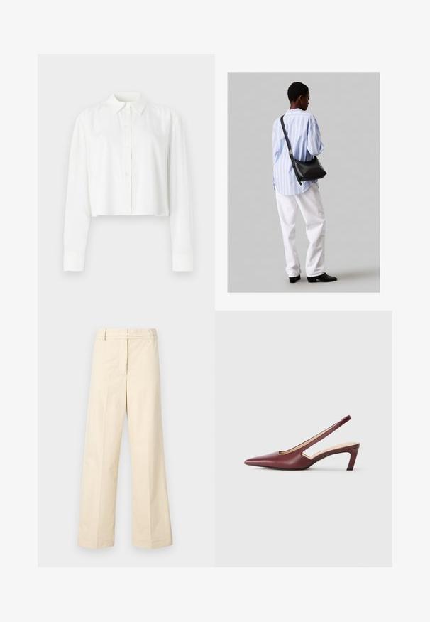 Izgriezta baltā garās piedurknes krekla, kas izgatavota no gluda auduma, ar klasisku apkakli un pogājamu priekšpusi. Vienkāršs dizains bez rakstiem.; Bežīgas platas bikses ar gludu priekšpusi, jostu cilpām un rāvējslēdzēju. Izgatavotas no viegla kokvilnas auduma ar gludu tekstūru.; Burgundijas krāsas slingback papēži ar norādītu purngalu, sānu izgriezumiem un vidēja auguma bloku papēdi. Gluda ādas apdare.; Melna ādas plecu soma ar mīkstu tekstūru, trīsstūra formu un regulējamu siksnu, apvienota ar gaiši zilu svītrotu krekli un baltām biksēm.