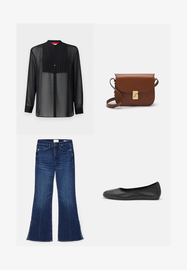 Black long-sleeve shirt with a sheer fabric and a pleated front panel. Features a mandarin collar and button closure along the front.; Dark blue flared jeans made from denim. Features a high waist, front pockets, and slit details at the hem.  Classic five-pocket design.; Black leather ballet flat with a rounded toe, smooth texture, minimal stitching detail, and a flexible sole design.; Brown leather handbag with a flap closure, gold-tone hardware, a shoulder strap, and a smooth texture. Compact rectangular shape.