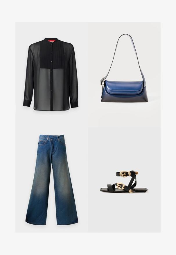 Sort langærmet skjorte med gennemsigtig stof og plisseret frontpanel. Har en mandarin-krave og knaplukning foran.; Bredde ben blå jeans lavet af denim, med en let falmet finish, synlige sømme, to frontlommer og en knaplukning.; Sorte lædersandaler med guldspænde detaljer, der har flere stropper og et fladt såldesign til åbne tåer.; Marineblå læderhåndtaske med glat overflade, rund form, foldet top og en enkelt skulderrem. Inkluderet sølv hardware accent.