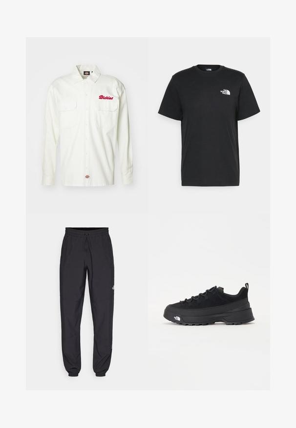 Balts garās piedurknes krekls ar divām priekšējām kabatām, izšūta sarkanā "Dickies" logo, pogājams dizains un izturīgs kokvilnas materiāls.; Melna kokvilnas T-krekls ar īsām piedurknēm, apaļu kakla izgriezumu un mazu balto logotipu kreisajā krūtīs. Vienkāršs dizains, gluda tekstūra un brīvs piegriezums.; Melni sporta bikses, kas izgatavotas no viegla auduma, ar savelcamu jostu, sānu kabatām un sašaurinātiem apakšējiem galiem pie potītēm.; Melni āra sporta apavi ar zamšādas virsu, teksturētu gumijas zoli un izturīgu auklu sistēmu. Iezīmēts ar pastiprinātu papēdi un zīmola logo sānu daļā.