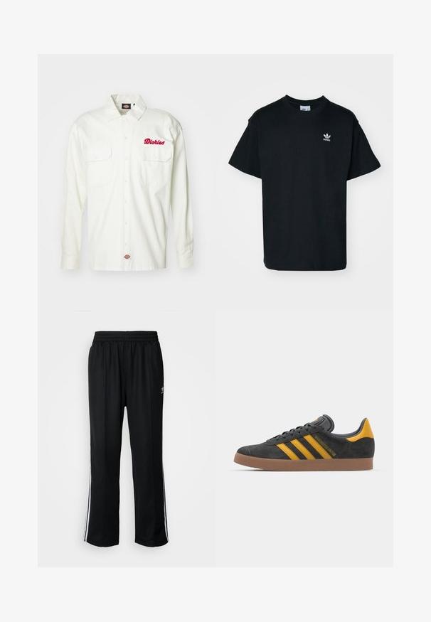 Fehér, hosszú ujjú ing két elülső zsebbel, hímzett piros "Dickies" logóval, gombos kialakítással és tartós pamut anyagból.; Fekete pamut póló kerek nyakkal és rövid ujjal, bal melle részen egy kis fehér Adidas logóval.; Fekete sportnadrág rugalmas derékrésszel, fehér oldalsávokkal és egy kis logóval. Az anyaga lágy és könnyűnek tűnik.; Fekete velúrbőr sportcipő sárga díszítéssel, három csíkkal és barna gumitalppal. Párnázott nyelvével a kényelem érdekében.