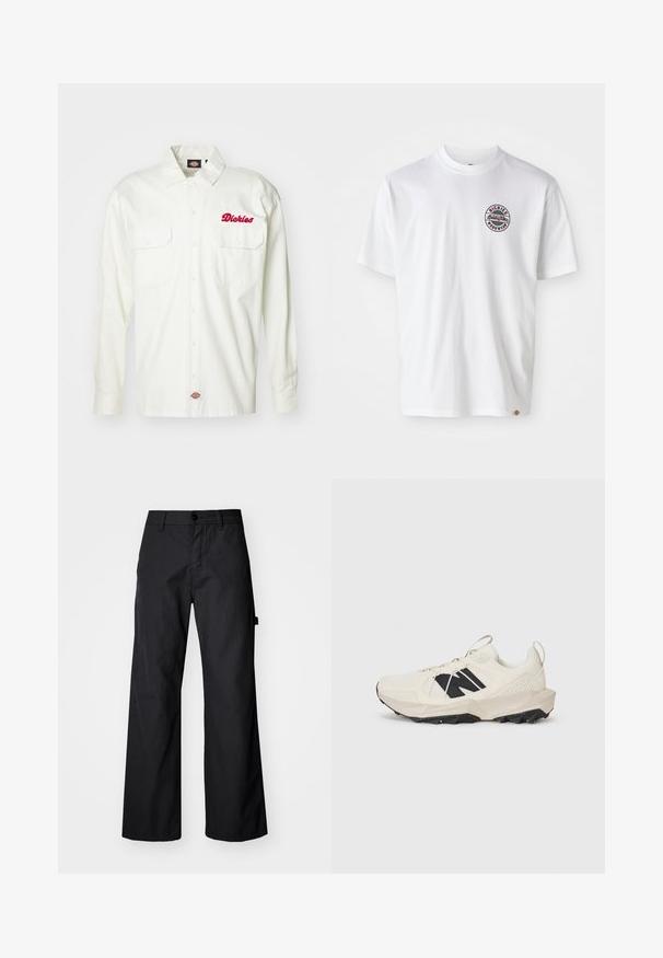 Hvitt langermet skjorte med to frontlommer, brodert rød "Dickies" logo, knappelukking og slitesterkt bomullsmateriale.; Hvit bomulls t-skjorte med et rundt logo på brystet. O-hals, korte ermer, avslappet passform, med røde og svarte detaljer.; Sorte, vide bukser laget av slitesterk stoff. Har knappelukking og sidelommer. Glatt tekstur med et rent design.; Lys beige sneaker med mesh-overdel, sort logo og teksturert såle. Akzentuert med et geometrisk mønster på mellomsålen.