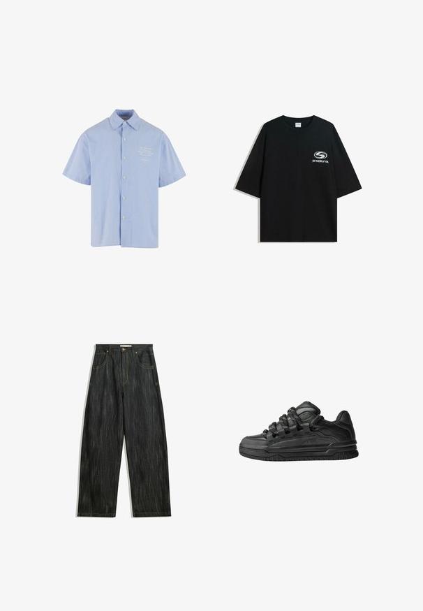 Koszula z krótkim rękawem w jasnoniebieskim kolorze w białe paski, z klasycznym kołnierzykiem i małym haftem na piersi.; Czarna, oversize bawełniana koszulka z okrągłym dekoltem i krótkimi rękawami, z białym logo "Shibuya" nadrukowanym na przodzie.; Ciemnogranatowe dżinsy o luźnym kroju, z delikatną pionową teksturą, żółtym przeszyciem, pięcioma kieszeniami i klasycznym zapięciem na guzik.; Czarne sneakersy z gładką skórzaną cholewką, teksturowanymi akcentami i okrągłymi czarno-białymi sznurowadłami. Gruba gumowa podeszwa z wzorzystym bieżnikiem.