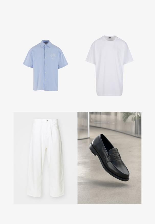 Košeľa s krátkym rukávom v svetlo modrej farbe s bielymi prúžkami, so štandardným golierom a malým vyšitým dizajnom na hrudi.; Biela bavlnená tričko s krátkymi rukávmi, okrúhlym výstrihom, uvoľneným strihom a žiadnymi viditeľnými logami alebo vzormi. Hladká textúra a minimálny dizajn.; Biele široké džínsy vyrobené z denimu, so zvýšeným pásom, piatimi vreckami a zapínaním na gombík. Jednoduchý dizajn s nezúženými okrajmi.; Čierna kožená mokasína s hladkou textúrou, špicatou špičkou a ozdobným remienkom cez priehlavok. Ľahká podrážka, minimalistický dizajn.