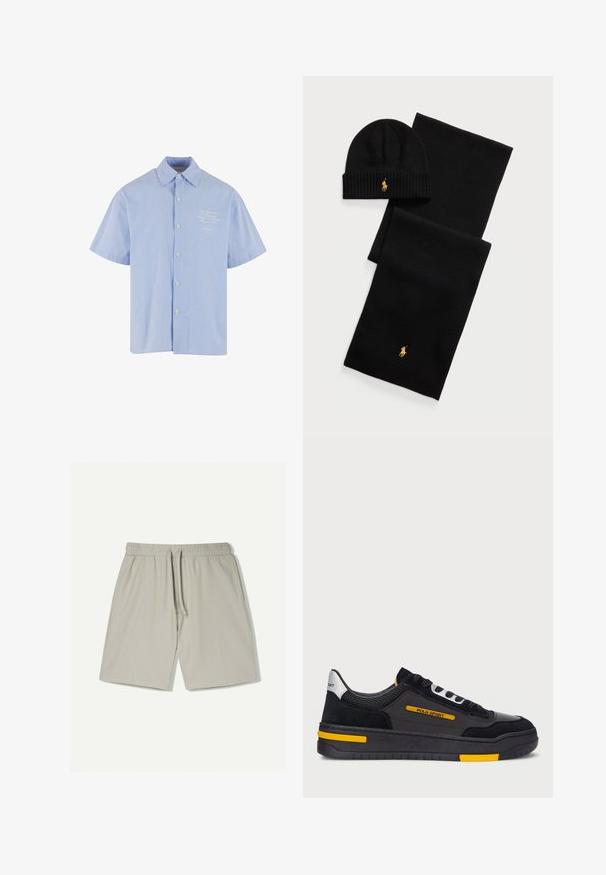 Cămașă cu mânecă scurtă, de culoare albastru deschis, cu dungi albe, având un guler clasic și un mic design brodat pe piept.; Pantaloni scurți sport de un gri deschis, fabricați dintr-un material neted și respirabil. Au o talie elastică cu siret și cusături laterale subtile.; Adidași negri cu un superior din suede și plasă, accente galbene și o talpă groasă neagră. Închidere cu șireturi și branding "POLO SPORT" pe lateral.; Set de căciulă și eșarfă tricotate negre. Prezintă o textură ribbed și accente cu logo aurii. Material moale cu un design elegant, potrivit pentru vreme rece.