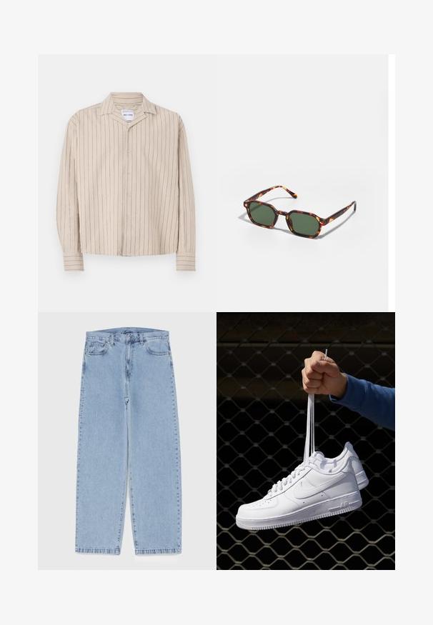 Beige košile s dlouhým rukávem, s námořnickými vertikálními pruhy, zapínáním na knoflíky a límečkem. Vyrobena z měkké, texturované tkaniny.; Bílý bavlněný top na ramínka s kulatým výstřihem, širokými ramínky a rovním lemem, s hladkou texturou a bez viditelných vzorů.; Světle modré džíny s rovnými nohavicemi, středním pasem, pěti kapsami a zapínáním na knoflík a zip.; Bílé kožené tenisky s perforacemi, kulatou špičkou, plochou podrážkou a silnými tkaničkami, které mají viditelné logo swoosh a nápis "AIR" na patě.; Kočičí brýle v barvě želvoviny se zelenými skly, s osmiúhelníkovým tvarem a úzkými, zakřivenými stranami. Materiál má lesklý povrch.