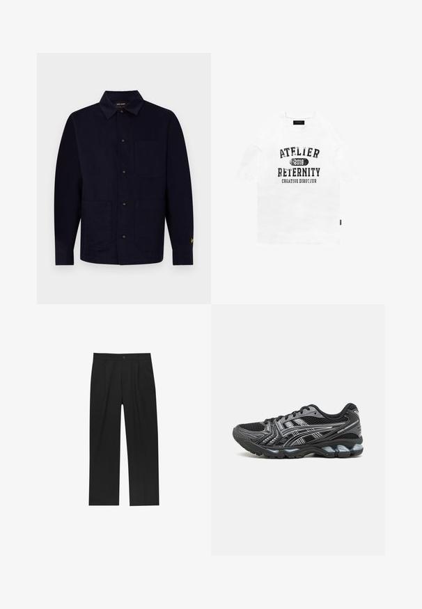 Giacca blu navy con bottoni, realizzata in cotone, con colletto corto, due tasche anteriori e un piccolo logo giallo sul maniche.; T-shirt bianco in cotone con maniche corte, con testo nero usurato: "ATELIER 2018 RETERNITY CREATIVE DIRECTOR." Fit semplice e rilassato.; Pantaloni neri con un design a gamba dritta, realizzati in un tessuto liscio. Presentano pieghe frontali e una chiusura a un bottone in vita.; Scarpa sportiva nera con tomaia in mesh, dettagli argento e suola ammortizzata. Presenta un design con lacci e una suola testurizzata per una buona aderenza.