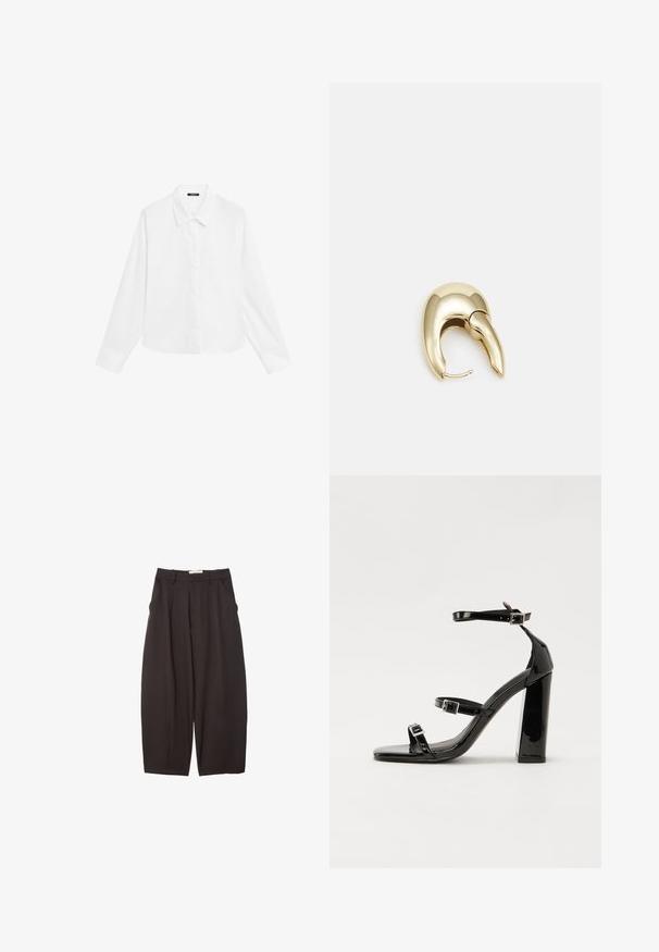 White long-sleeve shirt with a pointed collar, button-down front, and straight hem. Made from smooth fabric with a crisp, clean appearance.; Black wide-leg trousers made from a smooth fabric, featuring a high waist, front pleats, and side pockets. Simple design without embellishments.; Black patent heeled sandals with a square toe, ankle straps, and silver buckles. Features a chunky block heel for stability.; Gold-tone metal earring with a sleek, curved design. Features a distinctive pointed shape, polished surface, and hinge closure.