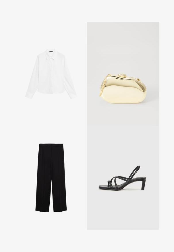 Weißes Langarmhemd mit spitzem Kragen, durchgehender Knopfleiste und geradem Saum. Hergestellt aus glattem Stoff mit einem frischen, sauberen Erscheinungsbild.; Schwarze weit geschnittene Hosen aus glattem Stoff, mit Falten an der Vorderseite und seitlichen Taschen, entworfen in einem geraden, lässigen Schnitt.; Schwarze Sandale mit Riemchen, quadratischer Zehenform und niedrigem Blockabsatz. Verfügt über mehrere dünne Riemen und einen verstellbaren Knöchelriemen. Hergestellt aus glattem Leder.; Metallisch goldene Clutch mit einer glatten, abgerundeten Form, ausgestattet mit einem oberen Druckknopfverschluss und einem kleinen Kettenriemen zum Tragen.