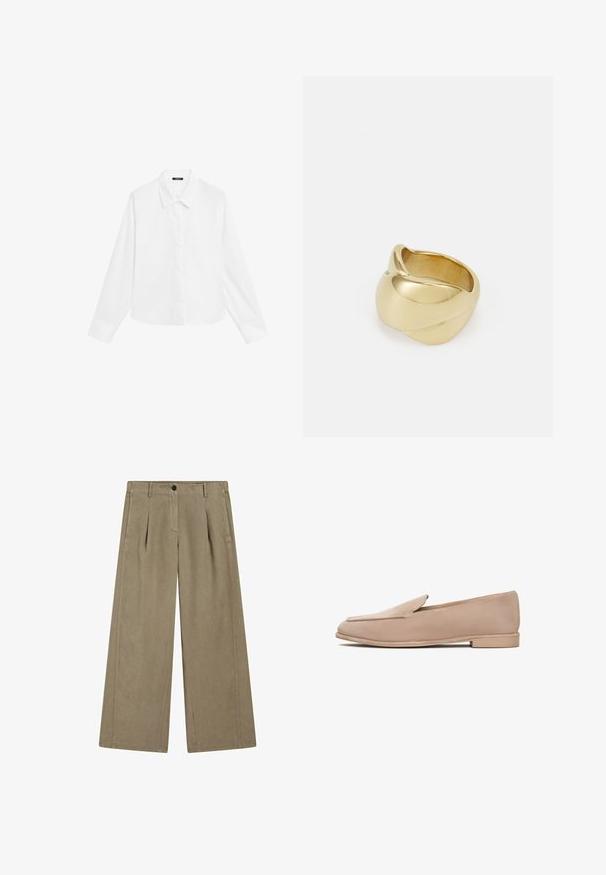 Weißes Langarmhemd mit spitzem Kragen, durchgehender Knopfleiste und geradem Saum. Hergestellt aus glattem Stoff mit einem frischen, sauberen Erscheinungsbild.; Helle taupeweite Hosen mit glatter Textur, vorne mit Bügelfalte, Gürtelschlaufen und einer Knopfverschluss am Bund.; Beige Wildleder Slipper mit niedrigem Absatz, mandelförmiger Zehenpartie und gestickten Details entlang der Ränder. Glatte Textur und minimalistisches Design.; Goldfarbener Ring mit einem glatten, gedrehten Design. Er verfügt über eine polierte Oberfläche und abgerundete Kanten, die eine nahtlose, fließende Form erzeugen.