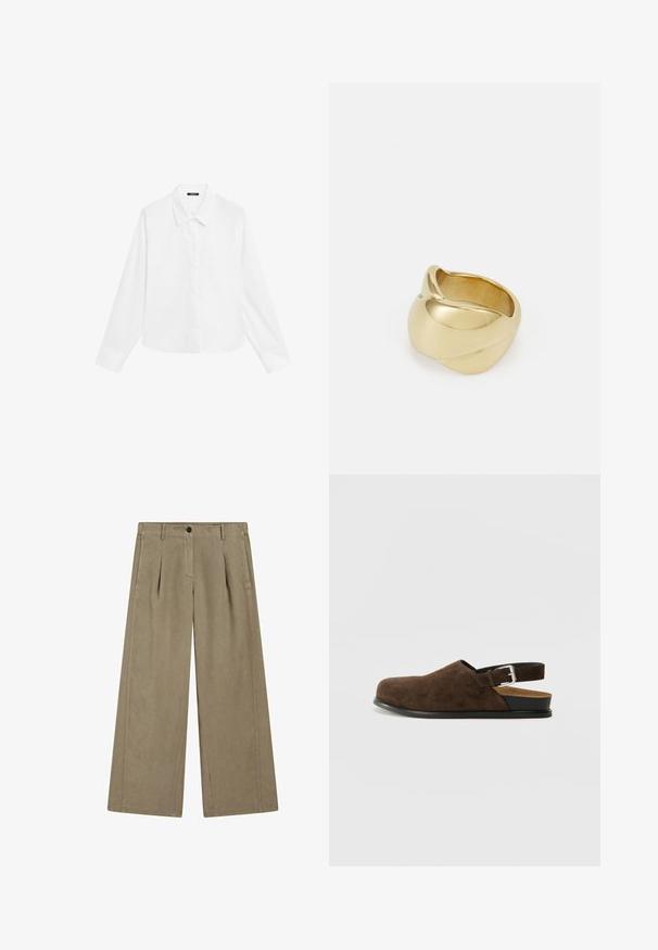 Weißes Langarmhemd mit spitzem Kragen, durchgehender Knopfleiste und geradem Saum. Hergestellt aus glattem Stoff mit einem frischen, sauberen Erscheinungsbild.; Helle taupeweite Hosen mit glatter Textur, vorne mit Bügelfalte, Gürtelschlaufen und einer Knopfverschluss am Bund.; Braune Wildleder-Ballenrutscher mit niedrigem Absatz, verstellbarem Riemen mit silberner Schnalle und schwarzer Gummisohle.; Goldfarbener Ring mit einem glatten, gedrehten Design. Er verfügt über eine polierte Oberfläche und abgerundete Kanten, die eine nahtlose, fließende Form erzeugen.