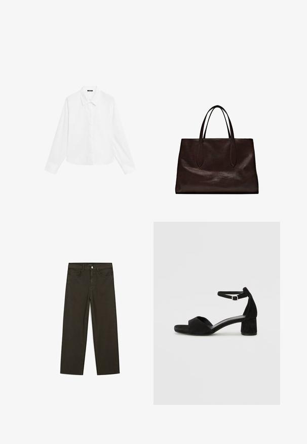 Camicia bianca a maniche lunghe con colletto a punta, chiusura frontale con bottoni e orlo dritto. Realizzata in tessuto morbido con un aspetto fresco e pulito.; Jeans a gamba larga di colore verde scuro, realizzati in tessuto misto cotone, dotati di chiusura con bottone frontale, cinque tasche e cuciture classiche in denim.; Sandali con tacco in suede nero, con una sottile fascia alla caviglia, design open toe e un discreto tacco a blocco. Texture liscia e decorazioni minime.; Massimo Dutti Borsa a mano - brown