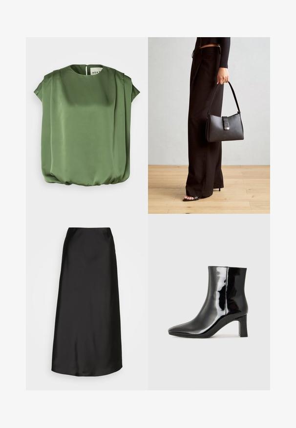 Heathe ABIOYE BUBBLE - Blůza - green; Černá saténová midi sukně s hladkým povrchem, áčkovým střihem a jemným leskem. Nabízí elegantní, jednoduchý design bez zdobení.; Černé lakované kotníkové boty s špičatou špičkou a středně vysokým blokovým podpatkem. Hladká textura a minimalistický design.; Černá kabelka se strukturovaným tvarem, hladkým povrchem a kovovým uzávěrem. Kombinována s širokými černými kalhotami a sandály s otevřenou špičkou na dřevěné podlaze.