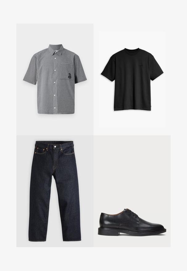 Camicia a maniche corte con bottoni, in un motivo a scacchi bianco e nero, dotata di taschino sul petto e dettaglio del cavalluccio marino ricamato. Realizzata in cotone.; T-shirt nera in cotone con collo rotondo e maniche corte. Presenta un logo frontale sottile e un orlo dritto. Design semplice e minimalista.; Jeans in denim blu scuro con taglio dritto, cinque tasche, cuciture arancioni a contrasto e chiusura con bottone. Nessun motivo o decorazione visibile.; Scarpa da uomo in pelle nera con punta rotonda, design con lacci e tacco basso impilato. Texture liscia con dettagli di cucitura minimi.