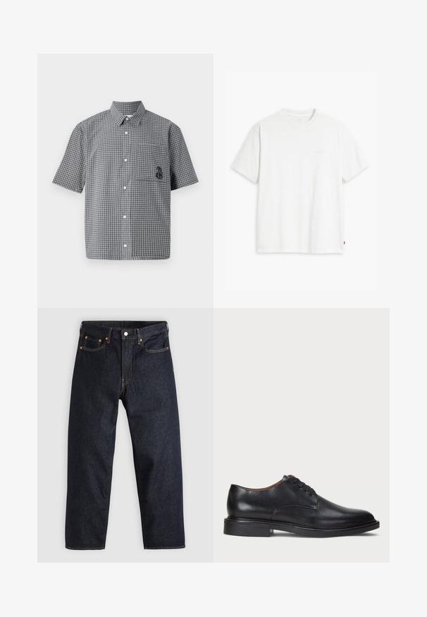 Rövid ujjú gombos ing fekete-fehér kockás mintával, mellzsebbel és hímzett tengericsikó részlettel. Pamut anyag.; Fehér pamut rövid ujjú póló, kerek nyakkivágással és egy finom, világos színű "Levi's" logóval az elején.; Sötétkék farmernadrág egyenes szabással, öt zsebbel, kontrasztos narancssárga varrással és gombos záródással. Nem látható rajta mintázat vagy díszítés.; Fekete bőrből készült dresszcipő kerek orral, fűzős kialakítással és alacsony, rétegelt sarkával. Simás felület minimális varrási részletekkel.