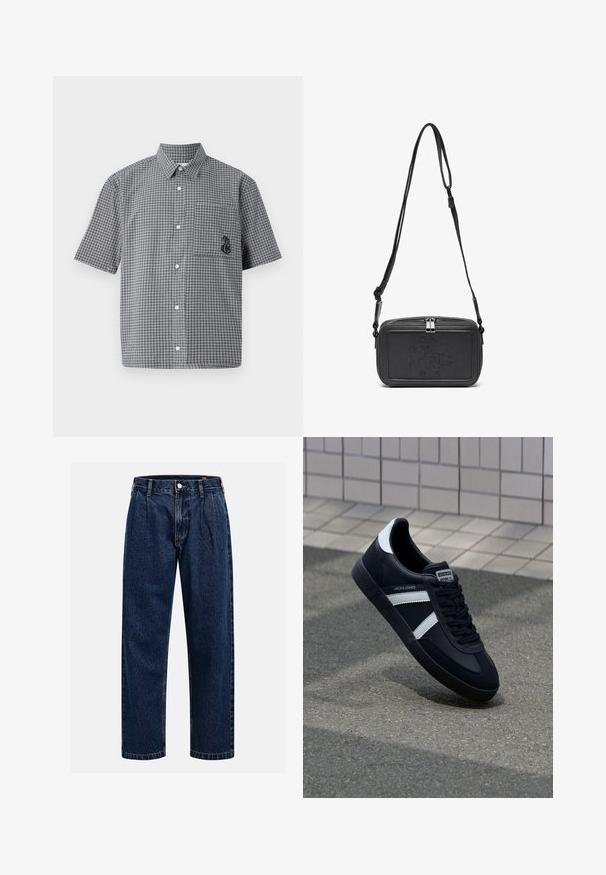 Rövid ujjú gombos ing fekete-fehér kockás mintával, mellzsebbel és hímzett tengericsikó részlettel. Pamut anyag.; Sötétkék farmernadrág egyenes szabással. Jellemzői a látható varrás, gombos záródás és elülső redők a további részletekért.; Fekete bőr sportcipő fehér csíkokkal, textúrált gumitalppal és fűzős elejével. A nyelvén márkás címke található.; Fekete bőrből készült keresztbe hordható táska cipzáras záródással, dombornyomott logóval az elején és állítható pánttal. Simább textúrájú, téglalap alakú.