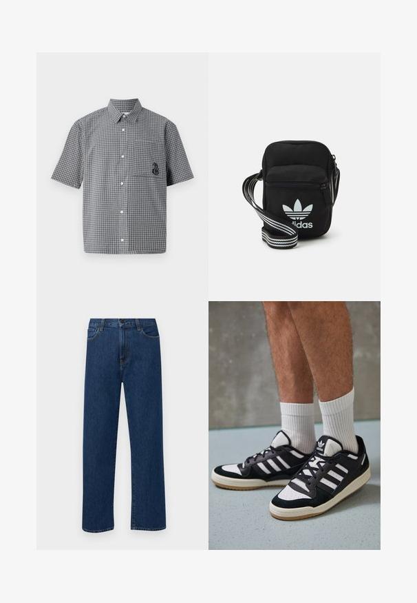 Kortermet skjorte med knapper i svart og hvitt rutemønster, med en brystlomme og brodert sjøhestdetalj. Laget av bomull.; Mørkeblå rette jeans i denim med frontlommer og knappelukking, vist på en enkel hvit bakgrunn.; Sorte og hvite sneakers med overdel i semsket skinn og lær, med tre hvite striper, perforert tå og en såle av gummi.; Svart stoff crossbody veske med glidelås, med en hvit Adidas-logo og enstripet justerbar stropp for enkel bæring.