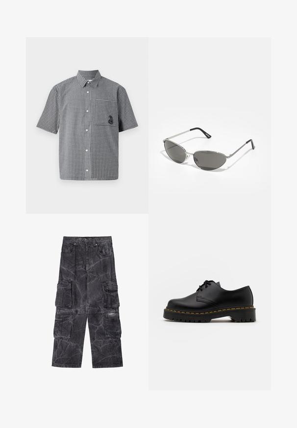 Kratka majica s kratkimi rokavi v črno-belem karo vzorcu, ki ima žep na prsih in vezenega morskega konjička. Iz bombažnega materiala.; Cargo hlače v temno sivi denimu z mramornim vzorcem. Imajo več stranskih žepov in kontrastne šive. Oblika širokih hlač.; Črne usnjene čevlje z vezalkami in zaobljenim nosom, z gumijastim podplatom in rumenim šivom okoli osnove. Ravna zasnova in gladka površina.; Sončna očala z elegantnim srebrnim kovinskim okvirjem, sivi zasenčeni leči in aerodinamičnim oblikovanjem, ki vključuje ostri robovi in tanke ročke.