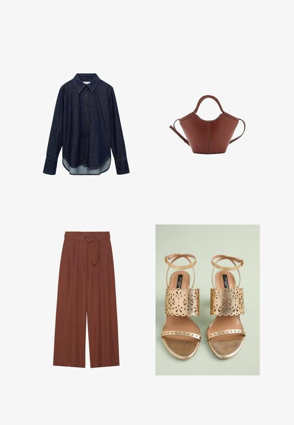 Cămașă din denim închis, cu mâneci lungi, guler ascuțit și închidere cu nasturi în față. Are un tiv curbat și un material mai deschis subțire.; Pantaloni evazați din țesătură maro, prevăzuți cu un curea cu cataramă pătrată, design pliat și textură netedă.; Sandale cu toc aurii, dotate cu o curea la gleznă și o bandă lată perforată. Textură netedă cu un finisaj strălucitor și detalii florale tăiate.; Geantă din piele maro, cu o formă conică, mâneri rezistente și cusături albe contrastante. Dispune de o curea de umăr detașabilă pentru versatilitate.