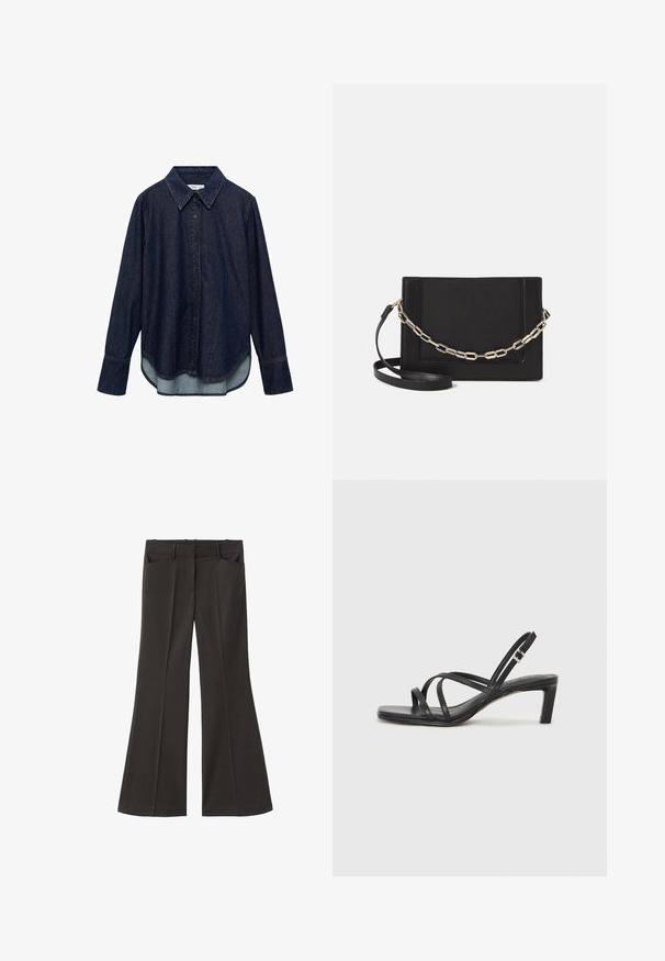 Temno denim srajca z dolgimi rokavi, koničastim ovratnikom in sprednjim gumbom. Ima ukrivljen rob in kontrastno svetlejšo tkanino spodaj.; Črne razširjene hlače z visokim pasom; vključujejo dva sprednja žepa in gladko teksturo tkanine. Primerne za različne priložnosti.; Črne natikače s trakovi in kvadratnim prstom ter nizkim blokastim peto. Imajo več tankih trakov in nastavljiv trak okoli gležnja. Narejene so iz gladkega usnja.; Črna usnjena torba čez ramo z gladko teksturo, pravokotno obliko in kovinskim verižnim detajlom spredaj. Vključena je nastavljiva naramnica.; Mango Zapestnica - gold-coloured