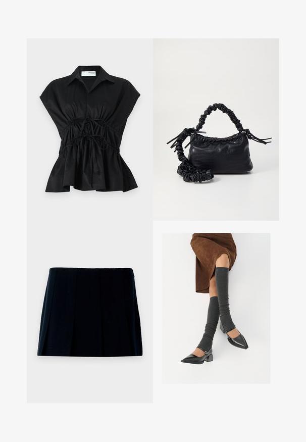 Crna, kratka majica na preklop s ovratnikom, s detaljem naboranog struka i flared rubom. Napravljena od glatkog, laganog materijala.; Crna plisirana mini suknja napravljena od tkanine. Ima ravni pojas i više vertikalnih nabora za oblik i teksturu.; Crne lakirane cipele s šiljastim prstima, blok-petom i remenom oko gležnja, uparene s sivim rebrastim čarapama do koljena i smešnom suknjom od antilopa.; Crna torba od umjetne kože s teksturom krokodila, s cinčanim vrhom i naboranom trakom. Izgleda mekano i kompaktno u dizajnu.