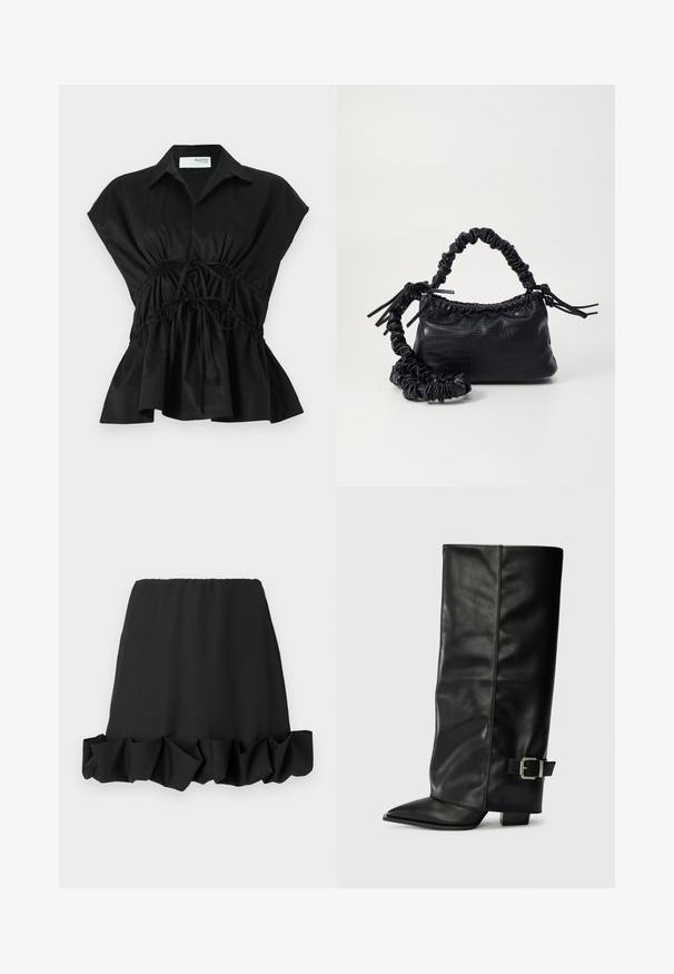 Top a maniche corte nera, avvolgente, con colletto, dettaglio in vita arricciato e orlo svasato. Realizzato in tessuto morbido e leggero.; Gonna nera con orlo a volant, realizzata in tessuto leggero. Caratterizzata da un elastico in vita per una vestibilità comoda. Design semplice e versatile.; Stivali neri in pelle fino alla caviglia con punta affusolata, texture liscia e una fibbia argentata accento sul lato. Tacco quadrato spesso.; Borsa a tracolla in ecopelle nera con texture a coccodrillo, apertura cinchata e tracolla arricciata. Si presenta con un design morbido e compatto.