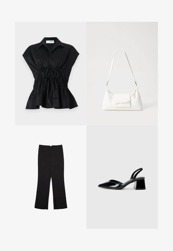 Sort, kortærmet omslagstop med krave, samlet talje-detail og en flagrende kant. Fremstillet af glat, letvægts materiale.; Sorte bukser med lige pasform, der har frontlommer og slidser i kanten. Lavet af blødt, glat stof. Velegnet til forskellige anledninger.; Sorte patentlæder slingback hæle med spids tå og en geometrisk blok hæl. Har et elegant, minimalistisk design og en glat tekstur.; Hvid syntetisk håndtaske med en trekantet form, flad forsideklap og sløjfedetalje, justerbar strop, glat tekstur og minimalistisk design.