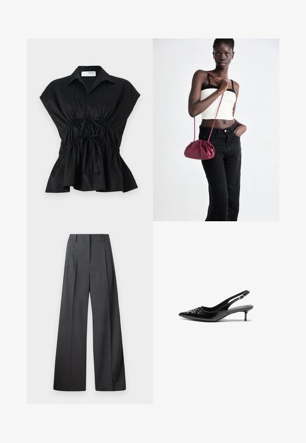 Top negru, cu mânecă scurtă, tip wrap, cu guler, detaliu la talie gathered și tiv evazat. Fabricat dintr-un material neted și ușor.; Pantaloni culți din țesătură gri închis, cu talie înaltă, pliuri simple și o textură netedă, cu o finisare curată la tivuri.; Cizme slingback din piele neagră, cu vârf ascuțit, toc mic de tip kitten heel și un detaliu decorativ sub formă de nod în față. Textură netedă pe întreaga suprafață.; Geantă dintr-un material moale de culoare burgundă, cu un design plisat și o curea lungă, purtată pe umăr. Modelul poartă un top alb scurt și blugi negri.