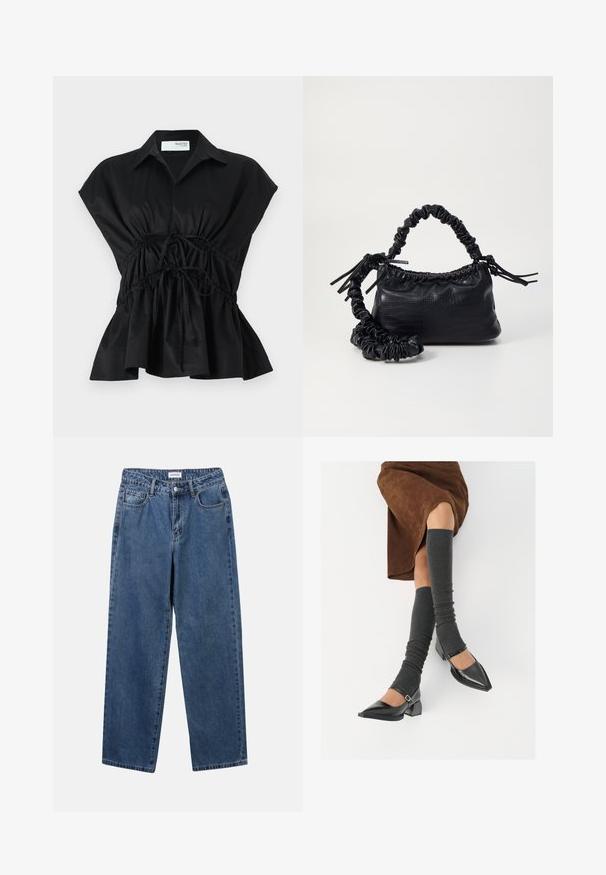 Sort, kortærmet omslagstop med krave, samlet talje-detail og en flagrende kant. Fremstillet af glat, letvægts materiale.; Klassiske blå denimbukser med lige ben, fem lommer og knaplukning. Har en medium vask og en robust tekstur.; Sorte patenterede lædersko med spids tå, blokhæl og ankelrem, kombineret med grå ribbede benvarmere og en brun ruskinds nederdel.; Sort kunstlæder håndtaske med krokodilteksur, indsnøret top og en sammenkrøben rem. Ser blød og kompakt ud i designet.