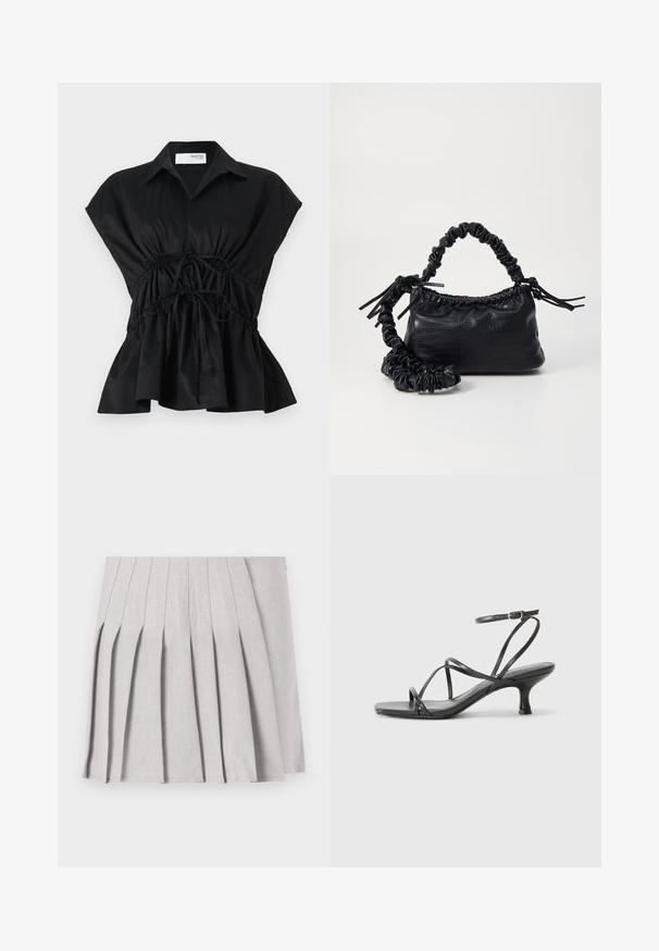 Zwarte, mouwloze wikkelblouse met kraag, geplooide taille en een uitlopende zoom. Gemaakt van een gladde, lichtgewicht stof.; Grijze geplooide rok met een soepele textuur, voorzien van meerdere verticale plooien en een aansluitende taille. Gemaakt van lichte stof.; Zwarte hoge hakken sandalen met dunne banden, open teen ontwerp en een kleine, uitlopende hak. Het materiaal lijkt glad en glanzend.; Zwarte nepleer handtas met een krokodillenstructuur, opgedroogde bovenkant en een gekreukte hengsel. Het lijkt zacht en compact van ontwerp.