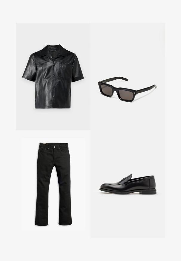 STUDIO ID EZRA - Košile - black; Černé džíny z denimu se střihem rovného nohavice, pěti kapsami, kovovým zapínáním a jemnými švy. Hladká textura a jednobarevný design.; Černé kožené polobotky s hladkou texturou, zaoblenou špičkou a zdobným páskem přes nárt. Nízký stohovaný podpatek, minimalistický design.; Černé obdélníkové sluneční brýle s tmavými skly, silným plastovým rámem, zlatými akcenty na spáncích a vyrytým logem značky na nožičce.