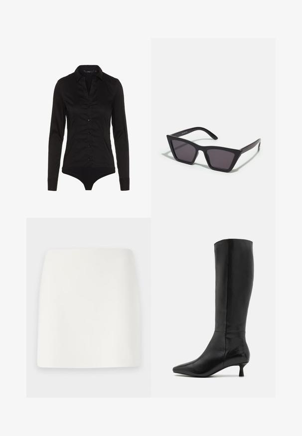 Zwarte lange mouw bodysuit met een kraaghalslijn, knoopsluiting aan de voorkant en een getailleerd ontwerp. Gemaakt van een gladde stof met een stijlvolle afwerking.; Witte, getailleerde mini-jurk met een gladde textuur en strakke lijnen. Geen zichtbare patronen of hardware. Rechte zoom aan de onderkant.; Zign Laarzen - black; Zwarte, hoekige zonnebril met grijze lenzen; gemaakt van plastic, met dikke armen met een gladde oppervlakte en zonder zichtbare hardware.; Zwarte suède clutchtas met een ritssluiting en een afneembare polsband. Voorzien van goudkleurige hardware en een gladde, matte textuur.